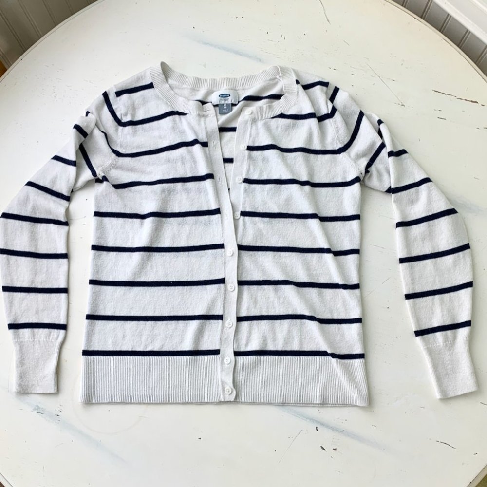 Old Navy White and Navy Blue Striped Button Cardigan - Sz XS
